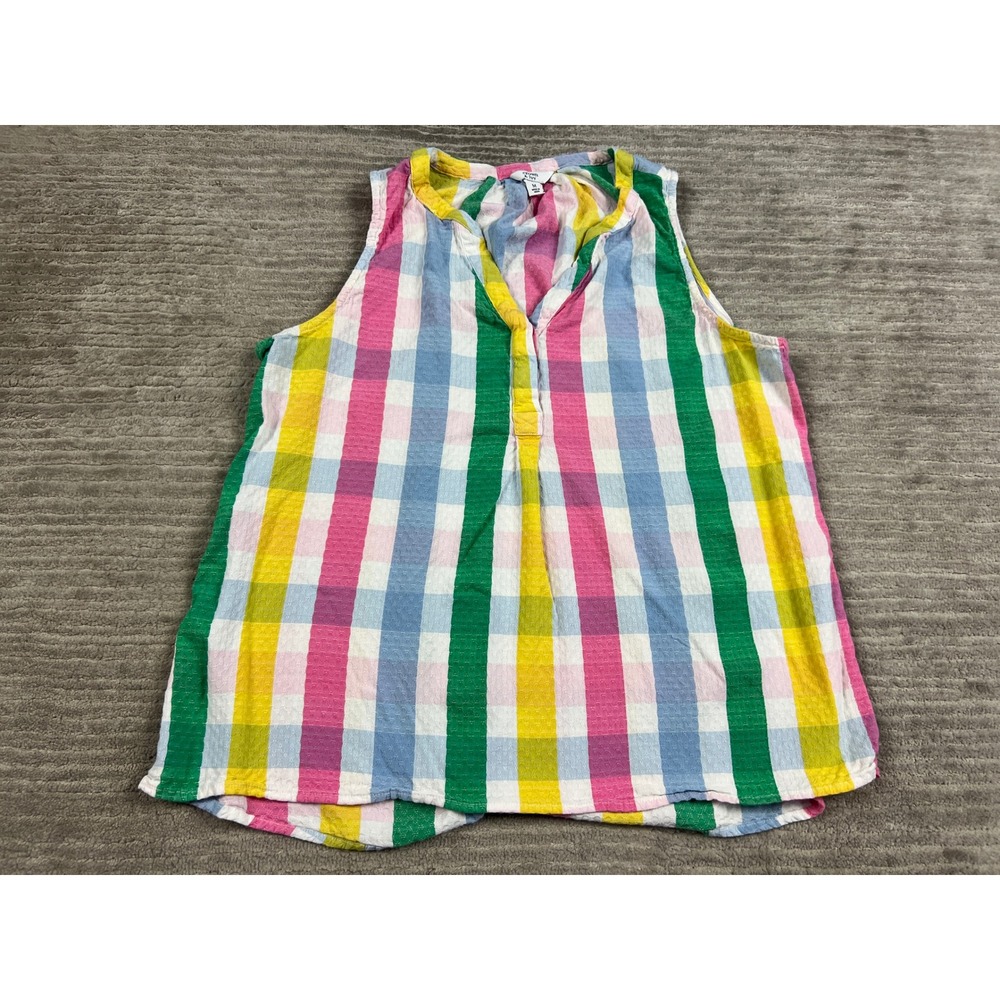 Crown & Ivy Tank Top Womens Medium Multicolor Plaid Seersucker Split Neck Blouse
